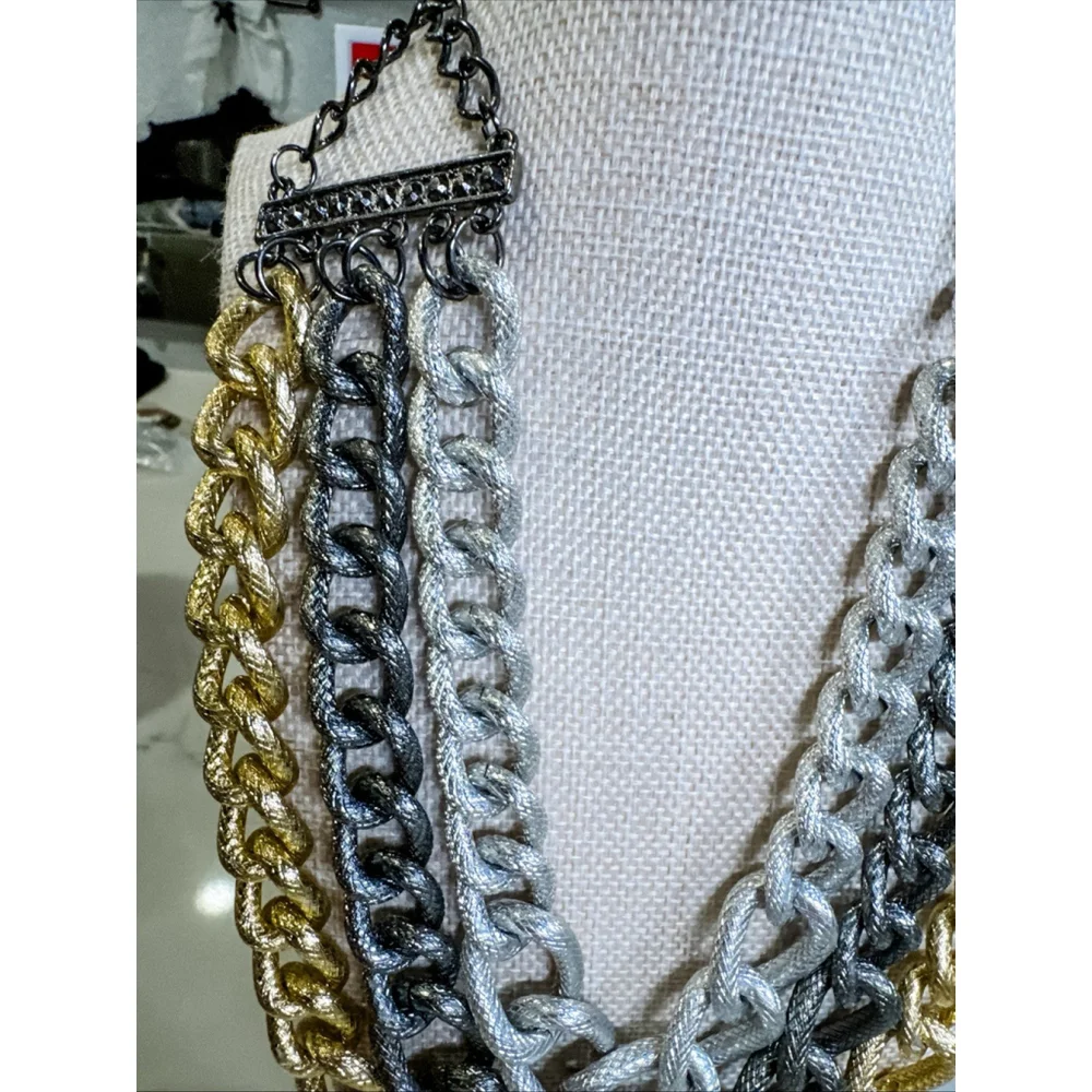 Bright, Gold, Silver, Black Triple Chain, 22 Inches - Picture 5 of 7